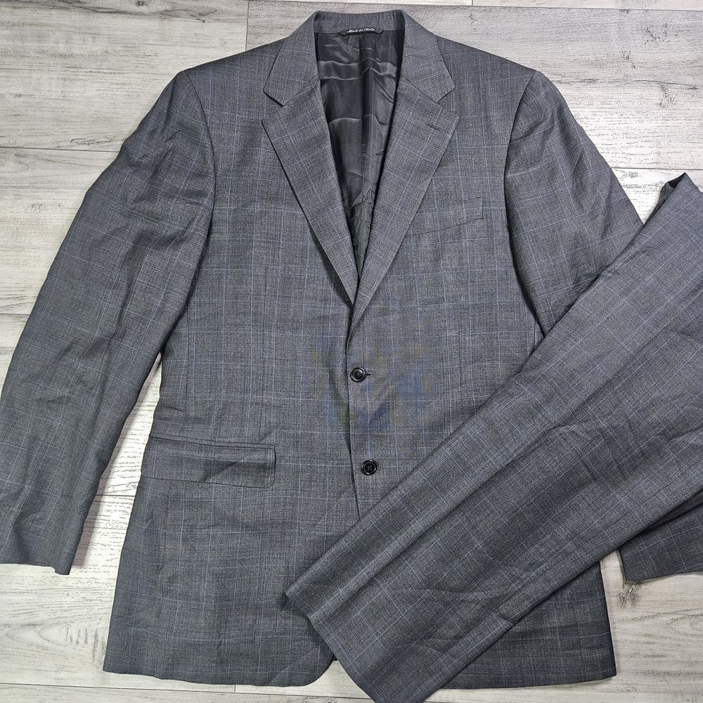 CANALI Gray Blue Window Pane 2 Button Suit Size 44L Tall Measurements Mens